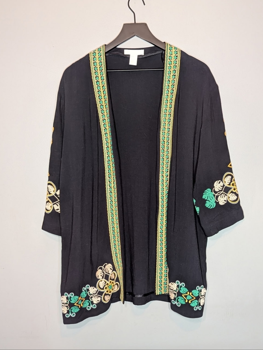 Black Embroidered Open-Front Kimono with Green and Gold Trim